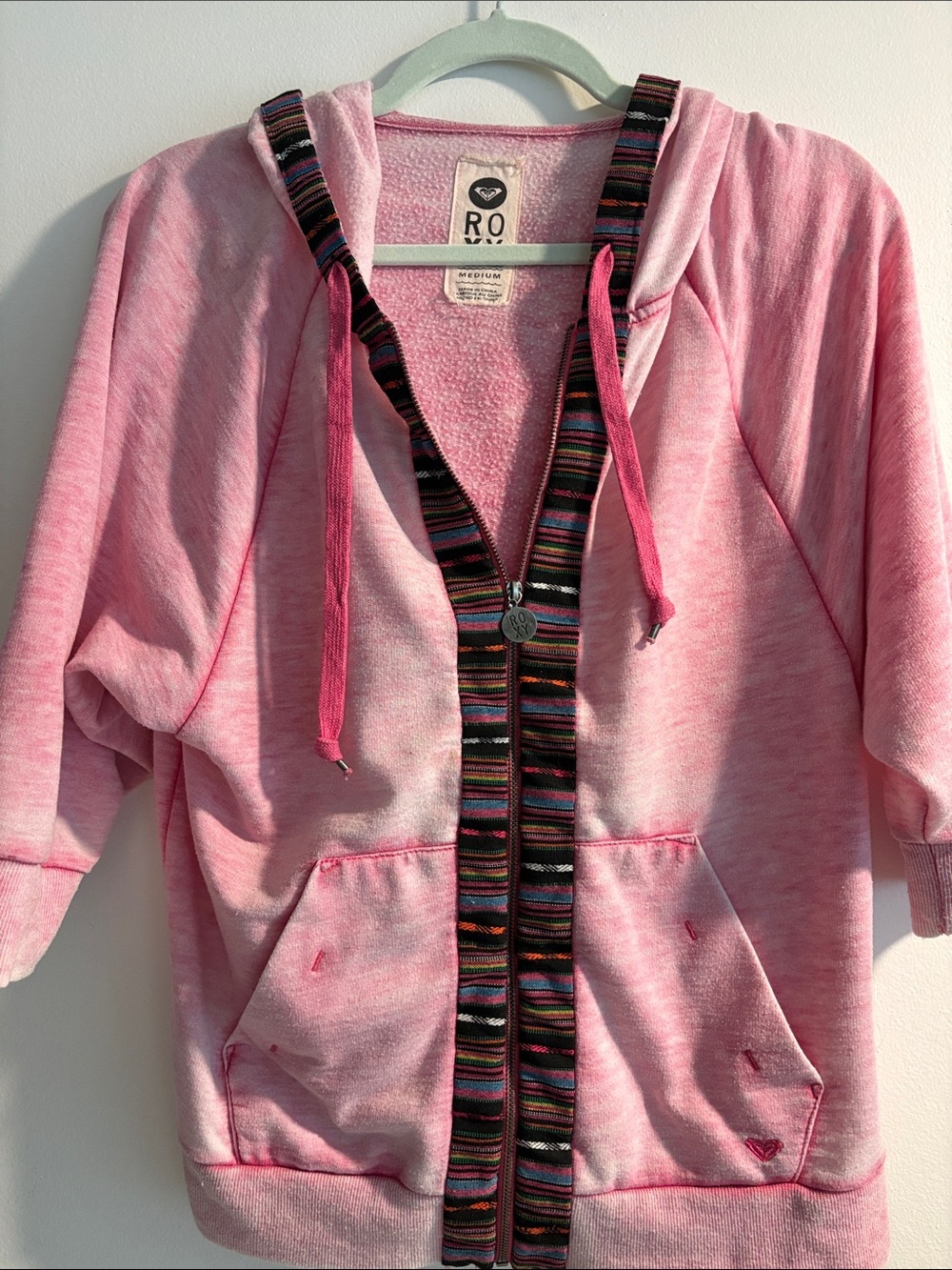 Roxy Pink Hooded Zip Jacket with Multicolor Striped Trim